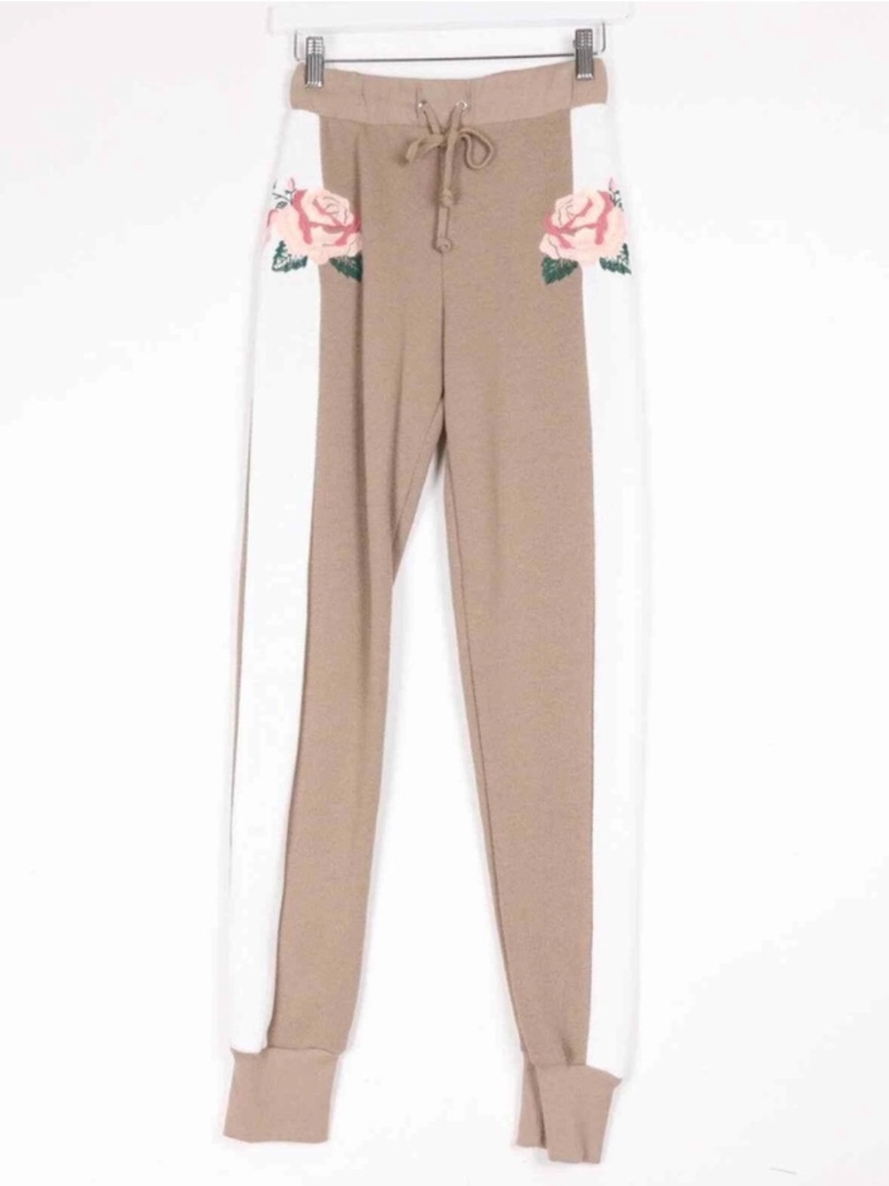 Wildfox Tan Track Joggers with White Side Panels and Pink Rose Embroidery